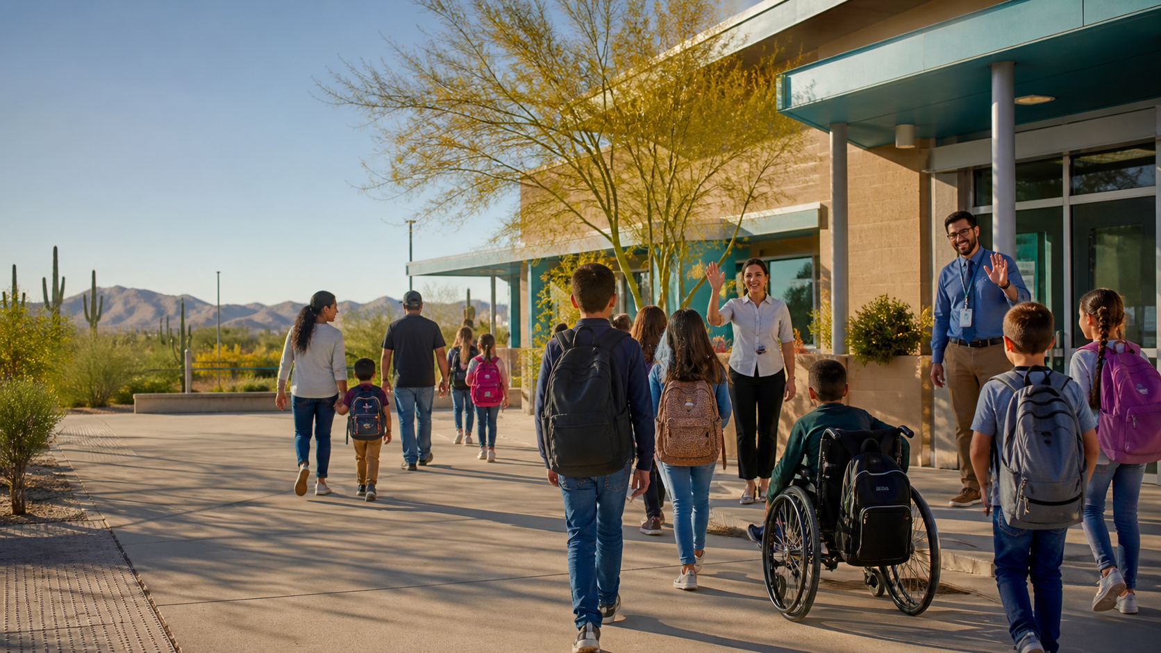Students and families arriving at a Tucson school campus while teachers welcome them